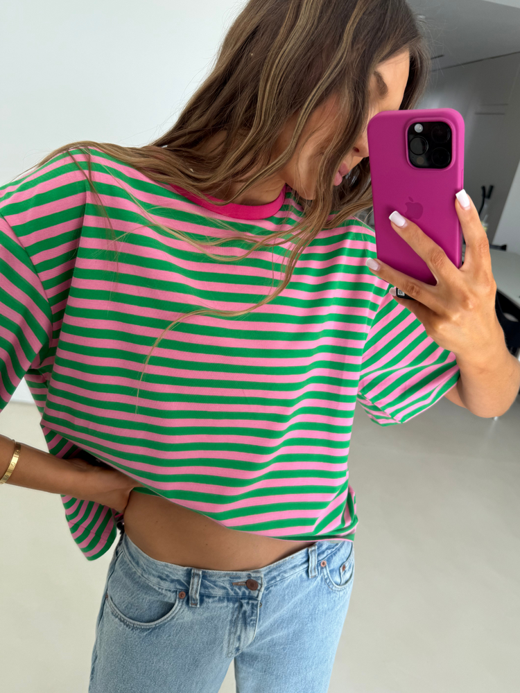 O-NECK GREEN STRIPES T-SHIRT