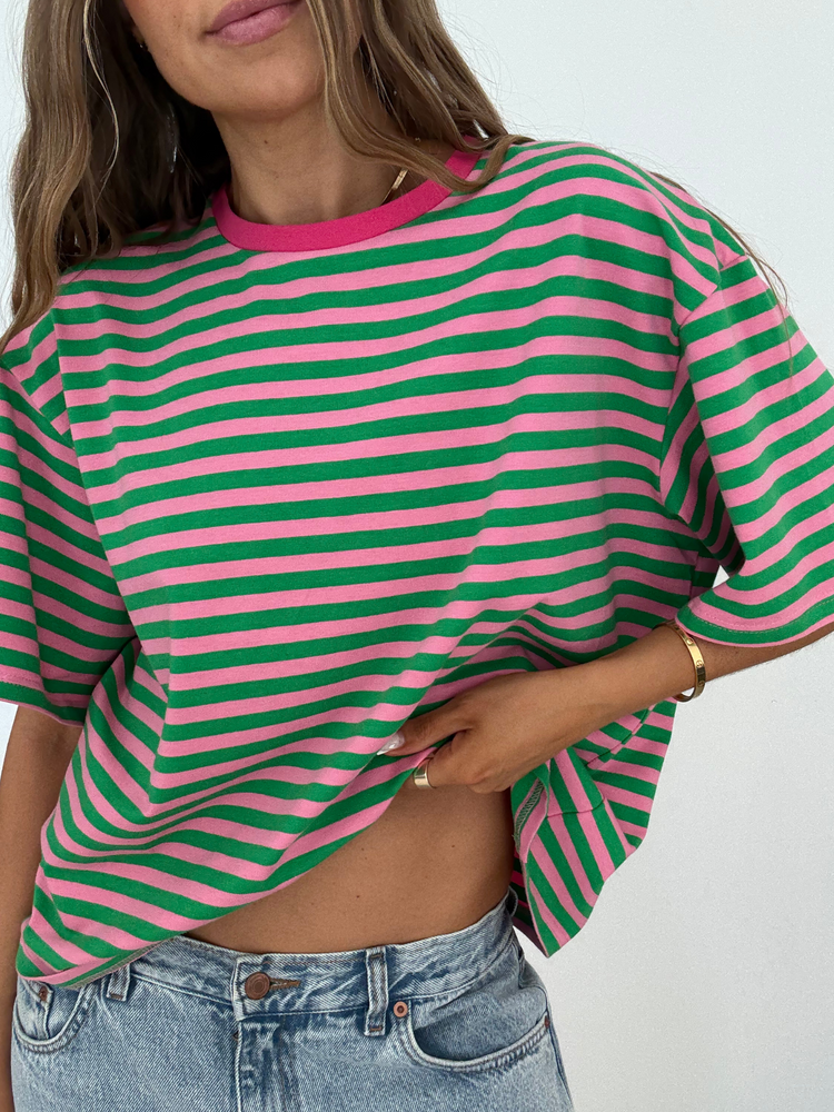 T-SHIRT O-NECK GREEN STRIPES 